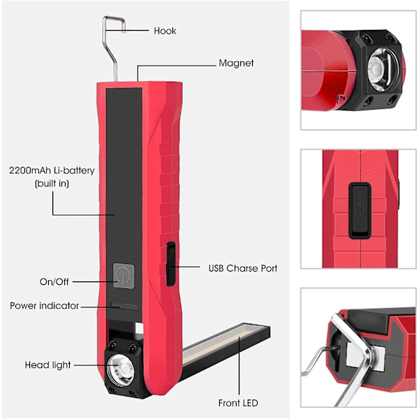2 Genopladelige LED Arbejdslys, 5 Tilstande Foldbar Mekanisk Lygte Arbejdslys Red