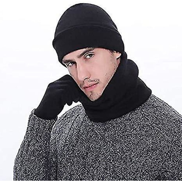 Män Hatt Halsduk Vantar Set Stickad Vinterhatt Skid Ull Foder Set