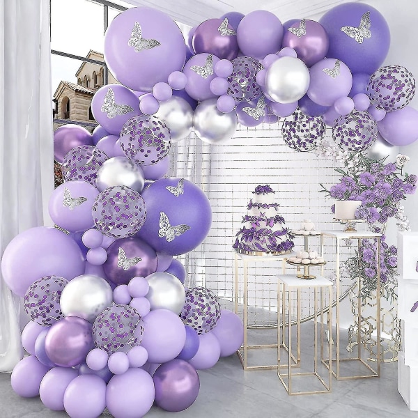 Heytea Babyshower Dekorationer til Pige 140 stk. Lilla Ballon Girland Kit Metalisk Lilla Sølv Ballon Bue 12 stk. Sommerfugl Klistermærker Konfetti til