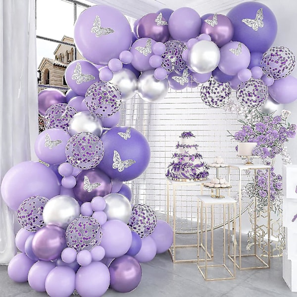 Heytea Vauvan Kylpyläkoristeet Tytölle 140 kpl Violetti Ilmapallo Garland Kit Metalli Violetti Hopea Ilmapallo Kaari 12 kpl Perhonen Tarrat Konfettia