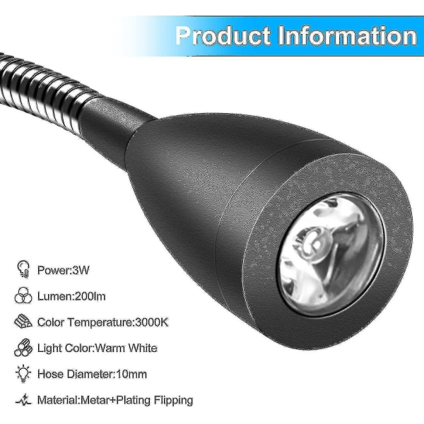 Sänglampor med väggfäste, 2-pack, LED-läslampa med svanhals