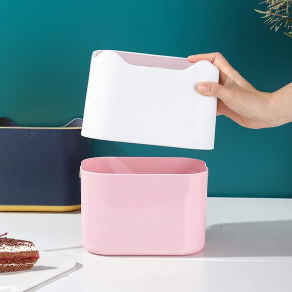 Skrivebordsøppelbøtte i plast, rosa multifunksjonell design, tildekket avfallsbeholder, stilig minibøtte