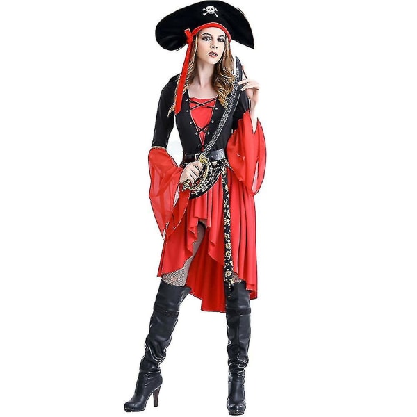 Kvinder Pirate Caribbean Swashbuckler Buccaneer Kvinder Kostume Hat+kjole+bælte Outfits Sæt L