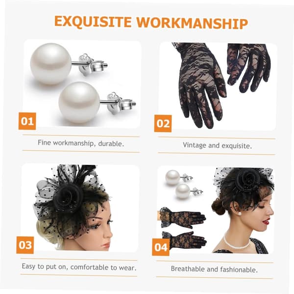 Fascinatorhattsett for kvinner til teselskap, svart netting, perlekjede, øredobber