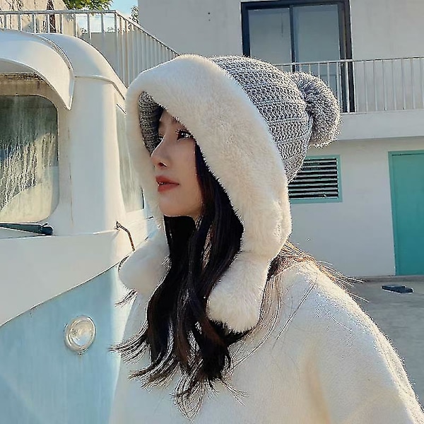 Vinter Beanie Hat til Kvinder Skihue Fleeceforet Øreklapper Dobbelt Laget Pompom Hat Gray