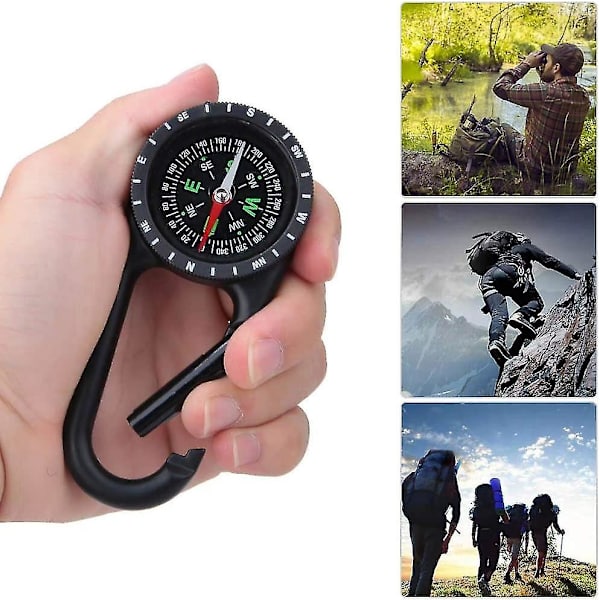 Kompass, Bärbar Karabinkompass i Zinklegering med Graderad Ring Utomhus Navigationsverktyg (2 st, Svart)