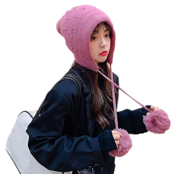 Varm Pompom-hatt med pärlor Stickad Hatt Vinter Öron Skyddande Hatt Virkad Mössa Rose red