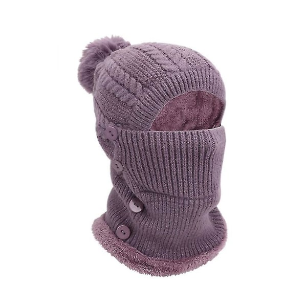 Winter Warm Stickad Capneck Warmer Set, flexibel stickad mössa med hårboll, lila