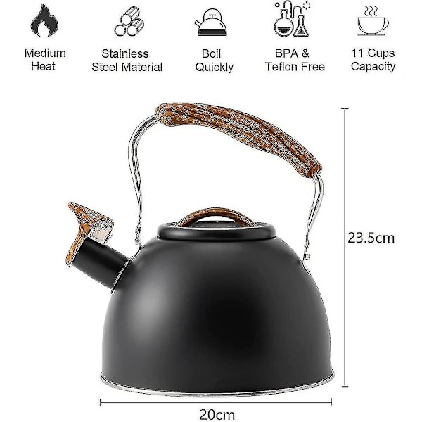 Kogende Kedel med Fløjte, Rustfrit Stål Tekande med Træ Mønster Foldbart Håndtag til Gasskomfur Induktion, 3l A-yuhao Black