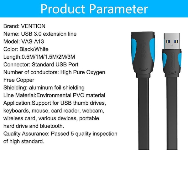 Høyhastighets USB 3.0 M/F datasynkroniseringskabel