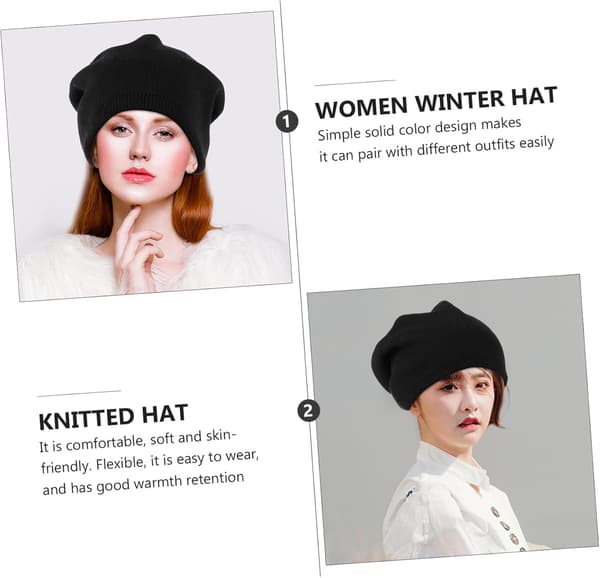 Varm strikket hue til kvinder uldmateriale tykt design ørebeskyttelse til vinter til kolde dage sort