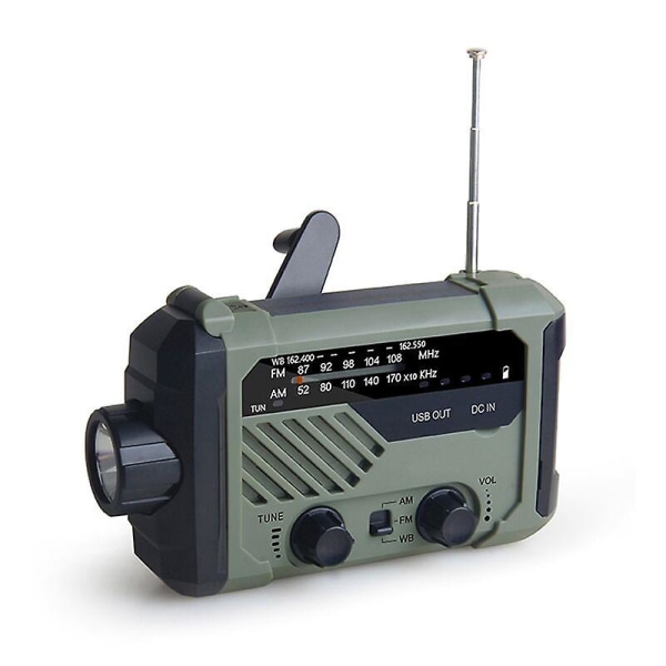 Hätäradio AM/FM/NOAA, käsikäyttöinen paristoilla toimiva aurinkopaneeliradio LED-taskulampulla, SOS-hälytys Military green