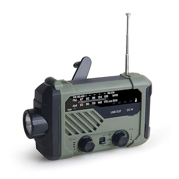 Nödradio AM/FM/NOAA, Handvev Batteridriven Solradio med LED-ficklampa, SOS-larm Military green
