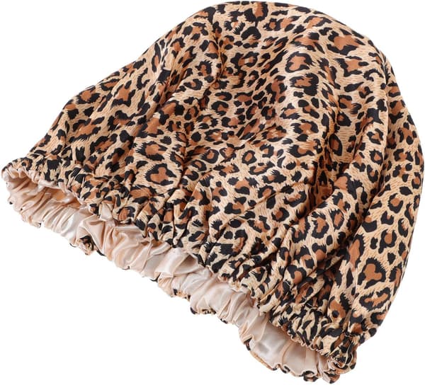 Dubbellager Satin Hårvård Bonnet Nattmössa med Justerbart Platt Spänne Leopardmönster Duschmössa
