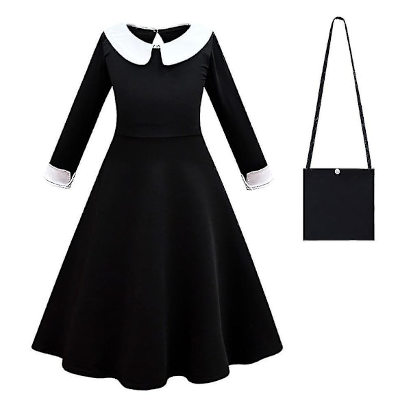 Wednesday Addams 4-10-vuotiaiden tyttöjen mekko + laukku + peruukki/mekko + laukku Hieno 4-5 Years Dress