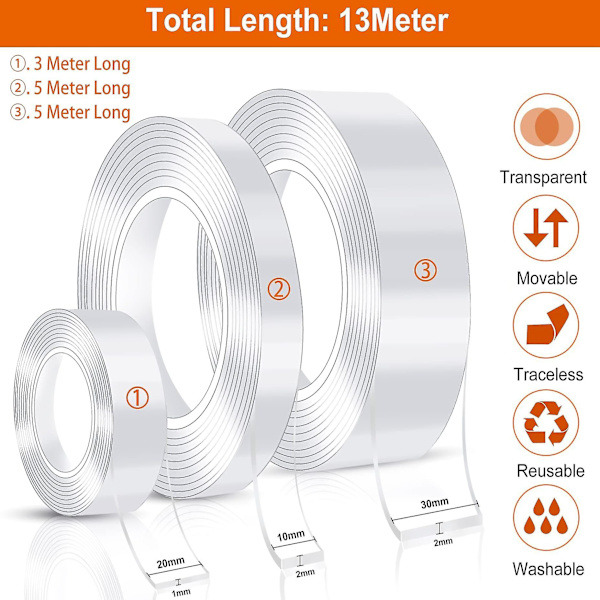 3 stk Nano Dobbeltsidig Tape Heavy Duty, Transparent Gjenbrukbar Nano Limtape