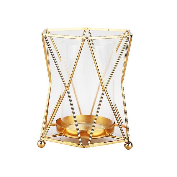 Lasimaljakko geometrisellä metallitelineellä, kultainen kynttilänjalka pilarikynttilöitä varten, 19 cm korkea