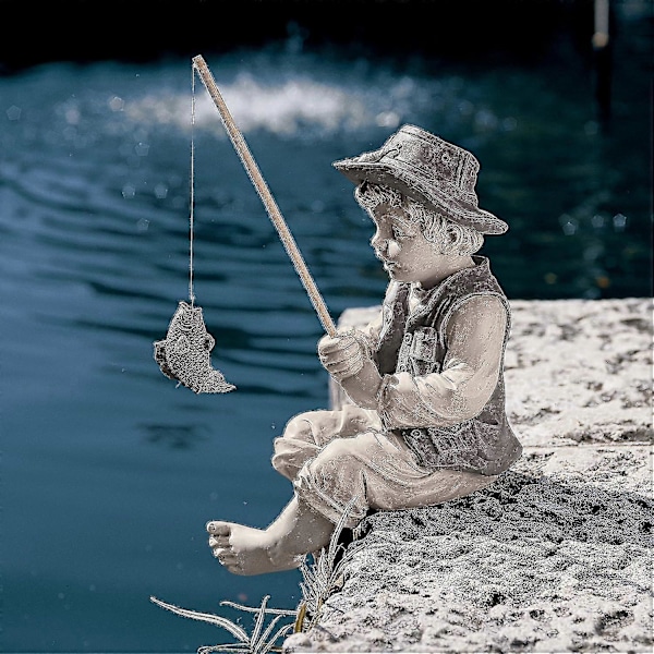 Liten Fiskepojke Staty, 3D Harts Miniatyr Staty Ornament, Inomhus Utomhus Söta Karaktär Staty Trädgård Tillbehör