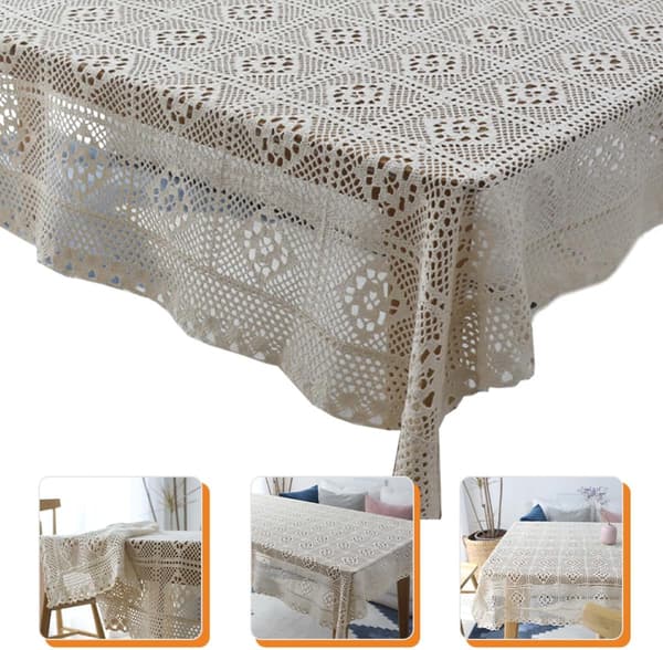 Dekorativ heklet duk i beige polyester, 60x60cm multifunksjonell bordduk