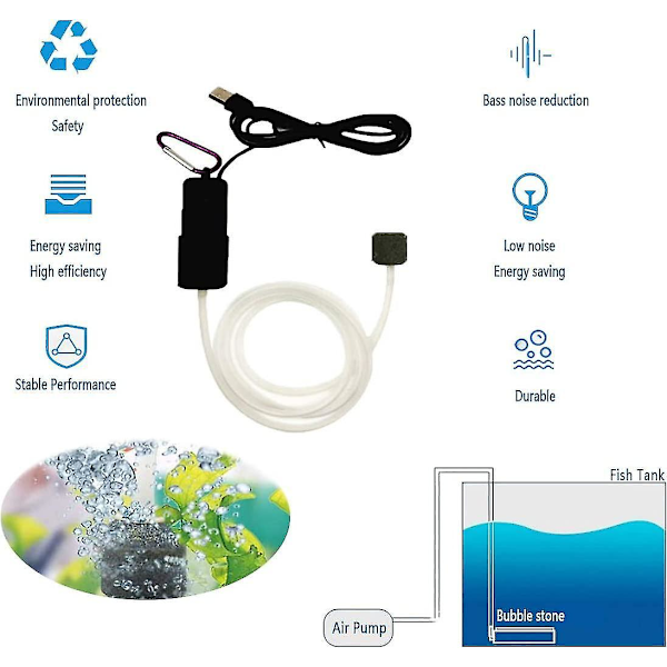 Mini USB Akvarieluftpump Luftsten Slang Svart