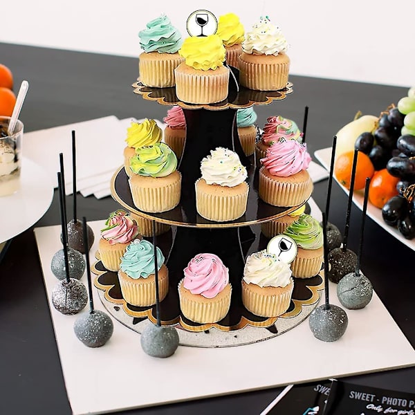 2-pack Papperskakställ, 3-vånings Cupcakesställ Dessert Bakverkstorn Runda Kakställ Black