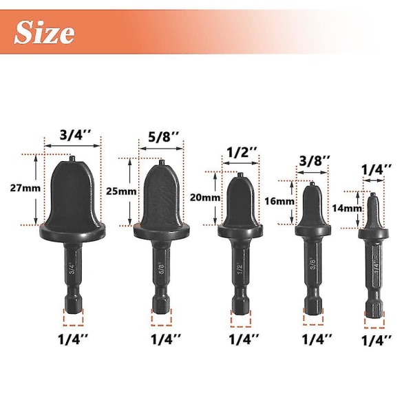 Puristimetyökalun poranteräsetti, 5 kpl 1/4'' kuusiokolovarsi kupariputken laajennusporanterät