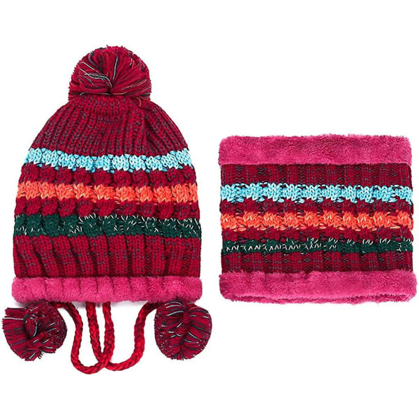 Naisten neulottu hattu huivi sopii lämpimiin ja paksuihin neulerulliin villavuorella Claret