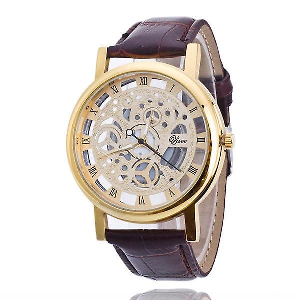 Rento Korean tyylinen ei-mekaaninen kello Miesten kvartsikello Kaksisivuinen läpinäkyvä leikkauskello Gold plate brown strap