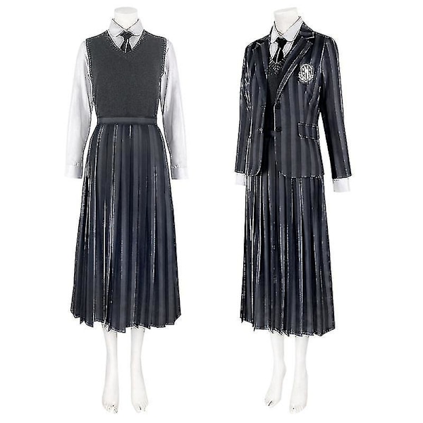 Addams Family Wednesday Kostym Skoluniform Nevermore College För Barn Kjol Dräkt S Wig 1