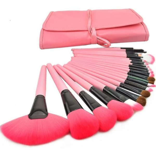 24 stk Pro Makeup Brushes Sett Syntetisk tre lærveske Rosa