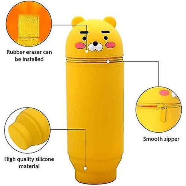 Sarjakuva söpö case, seisova case lapsille, seisomaan vedettävä silikonipenaalilaukku (väri: keltainen)