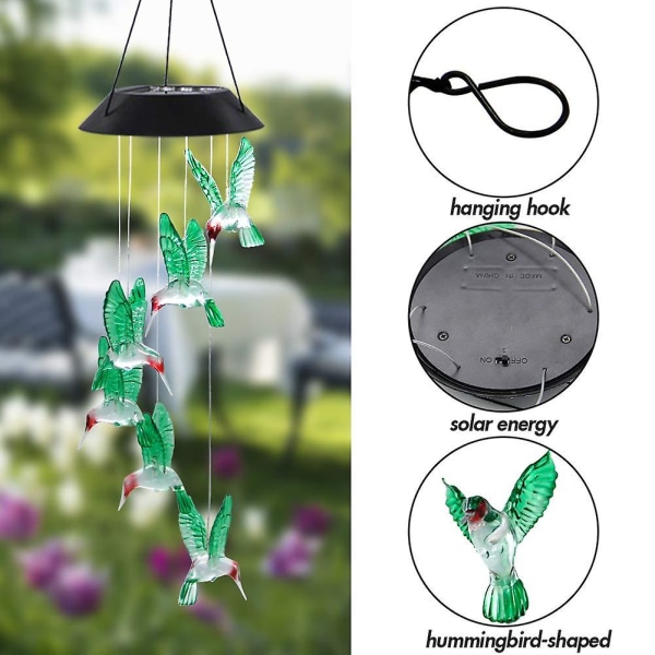 2 Pack Solar Hummingbird Wind Chimes, Lys Udendørs Vandtæt Balkon Dekor Pendel Lights