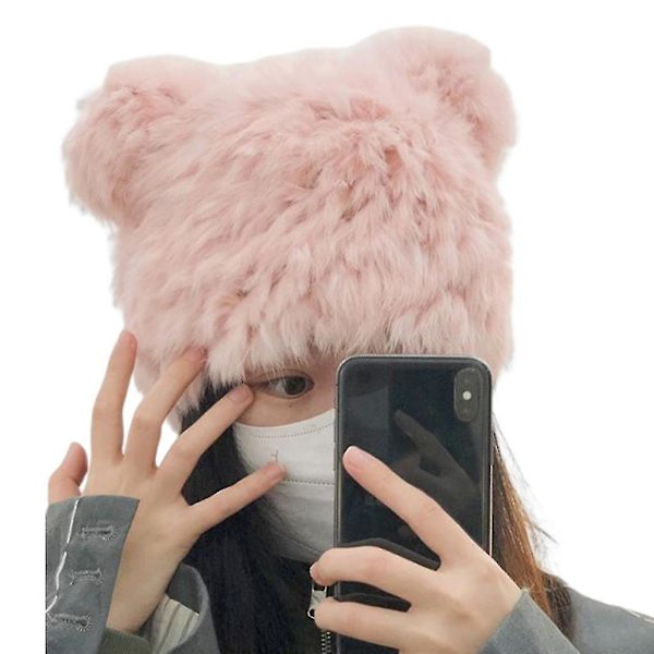 Fuskpälsbjörnöronmössa Plyschpandamössa Liten Djävulsmössa Söt Rolig Beanie Pink