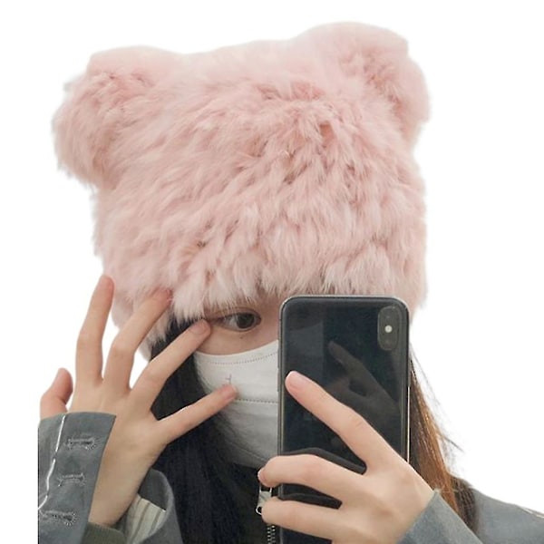 Plysjhatt med bjørneører, Pandahatt, Lille Djevelhatt, Søt og Morsom Beanie Pink