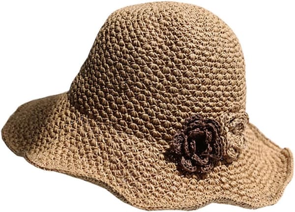 Sammenfoldelig Khaki Strå Solhat til Kvinder, Mellem Størrelse (56-58cm) Sommer Strand Solbeskyttelse Udendørs Vævet Hat