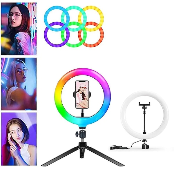 Selfie-rengasvalo RGB-täyttö LED-lampulla, mobiilipidike ja jalusta