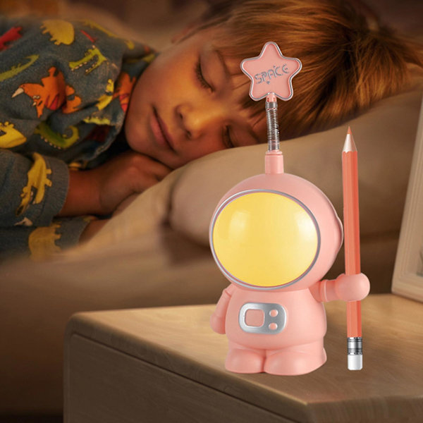 Søt LED-skrivebordslampe for hjemmekontor, astronautbordlampe med blyant- og pennholder