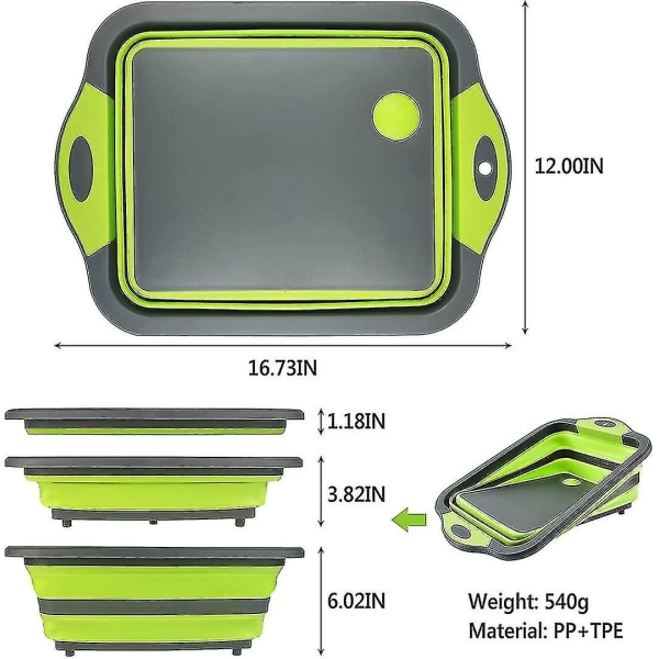 4 i 1 sammenleggbar oppvaskkum og plast skjærebrett, sammenleggbar campingvask, grønn Lh-1