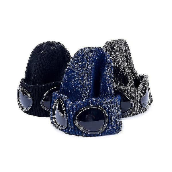 2022 016a BomullsStickad Lätt Goggle Beanie Hatt blue