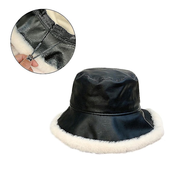 Koreansk version PU-läder plysch fiskarehatt All-match hinkhatt Bred brätte Caramel