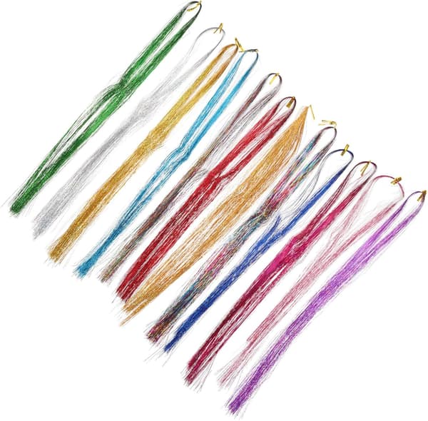 Silke Hår Tinsel Extensions Sæt Hår Tinsel til Festfletninger Inkluderer Krogenål og Perler