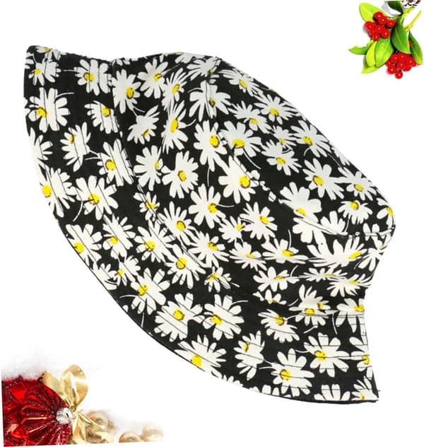 Daisy Printing Bucket Hat Sommer Solhat Mode til Udendørs Strandrejser Solbeskyttelse Sort