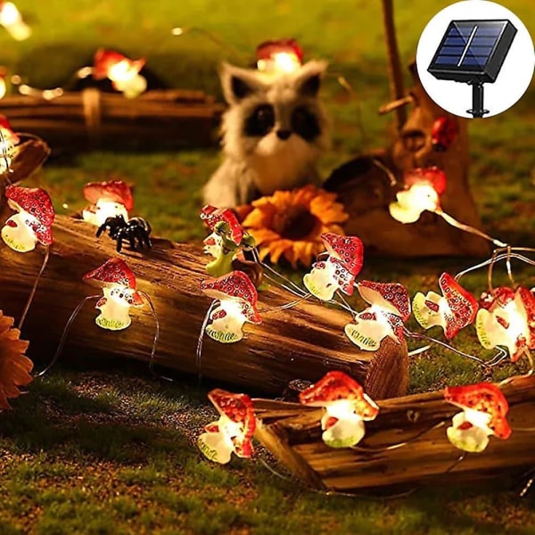 Solcelled Feelysslyng med 40 LED-lys - 4m - Sopp, Kirsebærblomst, Biene - Utendørs