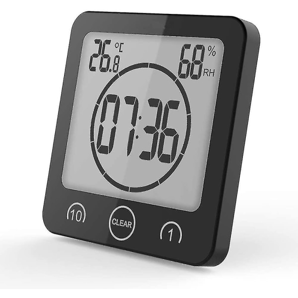 Badeværelsesur med Timer, Vandafvisende Badeværelsestermometer, Hygrometer, Badeværelse, Makeup, Køkken (sort)