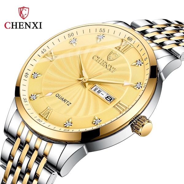 Dobbelt kalenderklokke par stålrem klokke for menn og kvinner kvartsklokke med diamant Men's gold face