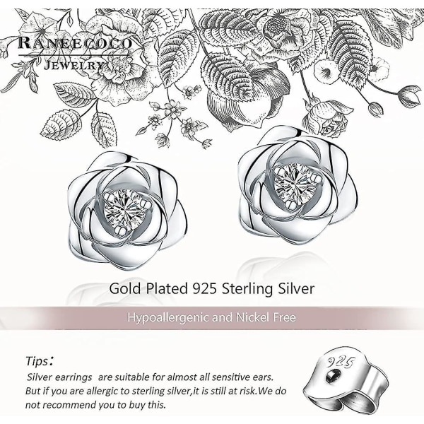 Guldpläterade Sterling Silver Rose Flower Örhängen, hypoallergena Nickelfria örhängen för kvinnor