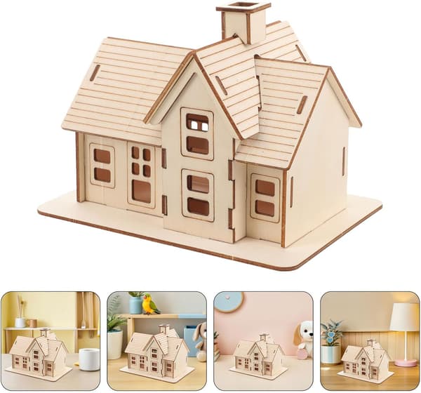 2 sæt DIY træ 3D puslespil husmodel sæt, umalet træ sommerhus samle håndværk