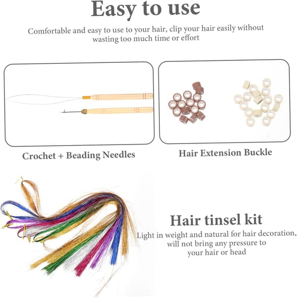 Silke Hår Tinsel Extensions Sæt Hår Tinsel til Festfletninger Inkluderer Krogenål og Perler