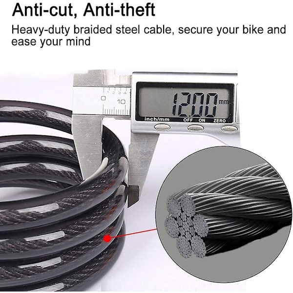Cykellås med kabel, 4 fot, hög säkerhet, 5-siffrig återställbar kombinationskabel