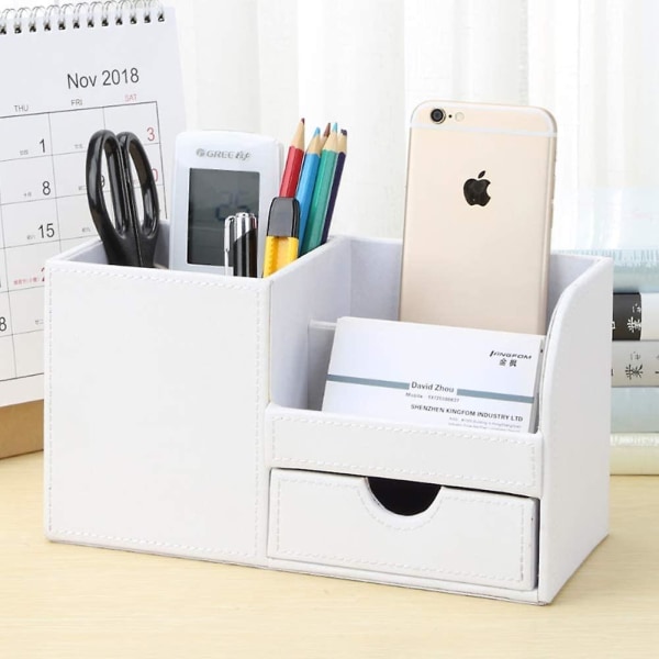 Wooden Struction Leather Multi-function Desk Stationery Organizer Storage Box Pen/pencil,cell Phone, Business Name Cards Remote Control Holder With Sm